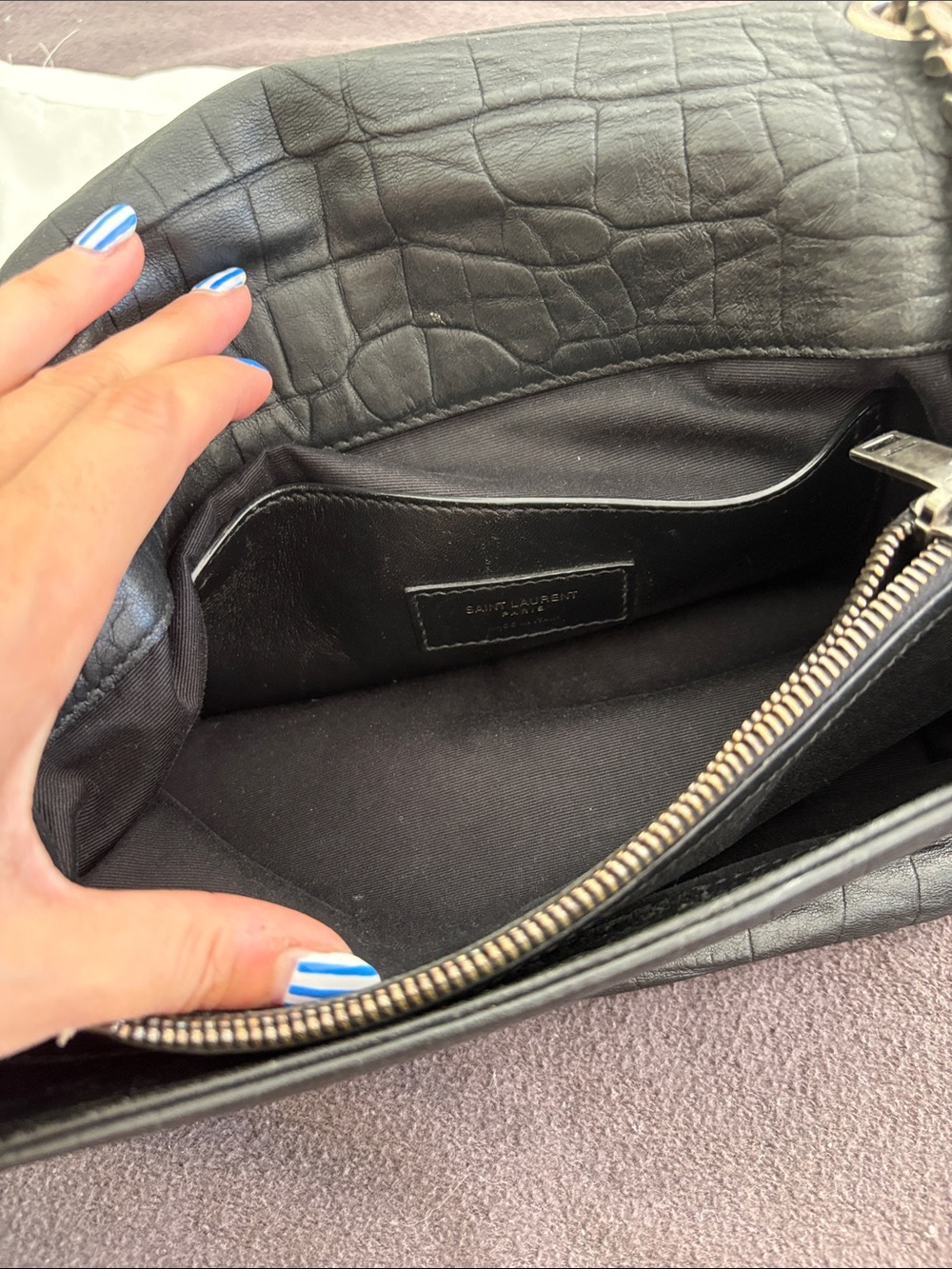 Saint Laurent Black Croc-Textured Leather Shoulder Bag with Silver YSL Hardware - Picture 6 of 10